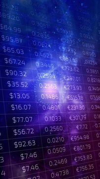 Shining blue red business spreadsheet data on vertical animation background.