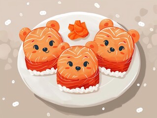 Obraz premium Bearshaped salmon sushi in a flat design, top view, on a soft background, perfect for a fun and stylish presentation