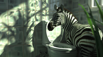 Zebra on Toilet, Funny Animal Illustration, Humorous Zebra Sitting on Toilet Bowl, Quirky Wildlife Art, Generative Ai

