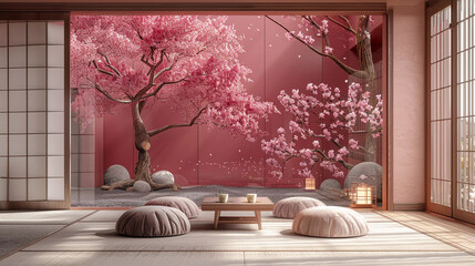 Traditional Japanese Room with Cherry Blossoms
