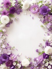a floral frame of fuschia bougainvillea, white roses, purple, lavender flowers and greens. perfect for a digital invitation.