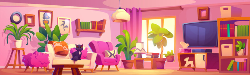 Living room interior with girly pink furniture and decorative elements. Cartoon vector cute female house indoor with cozy cabinetry - sofa and armchair, ottoman and table, tv and plants in pots.