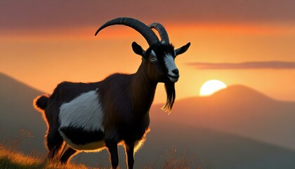 a sunset with a goat in the mountain