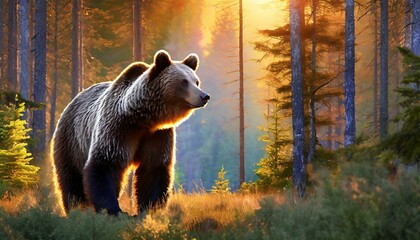 a bear in the middle of the forest with beautiful sunlight