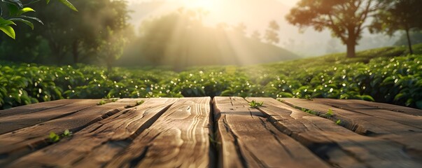 Wooden pedestal amidst morning light at tea plantation, pure and fresh ambiance, offering copy space for product display, with blurred tea leaves and sun rays in background