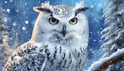 beautiful winter owl with yellow eyes