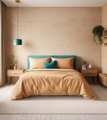 Modern Bedroom Interior With Beige Walls, Bed And Nightstand. Interior Mockup In A Light Brown Color