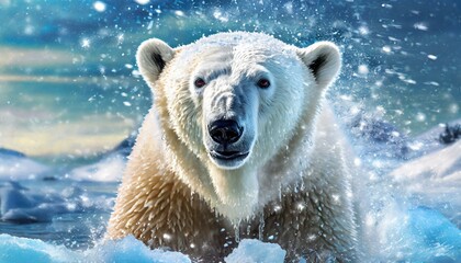 close shot of a polar bear with snow and ice around