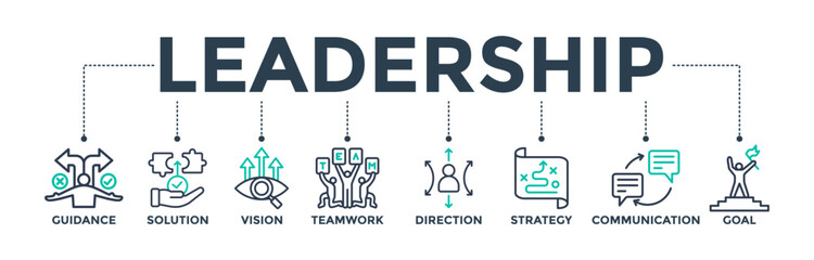 Leadership banner web icon concept for team management with an icon of guidance, solution, vision, teamwork, direction, strategy, communication, and goal. Vector illustration 