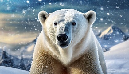 close shot of a polar bear with snow and ice around