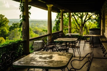 Obraz premium A deserted inn weathered, terrace, wood, outdoor, old, design, floor, wooden, exterior, tables, empty chairs, and a view of the surrounding countryside, offering a quiet place to ponder, Generative AI