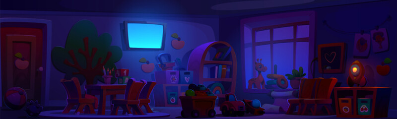 Kindergarten playing room interior at night. Cartoon vector illustration of dark empty nursery classroom with furniture, equipment and kid toys. Closed daycare and montessori indoor playground.