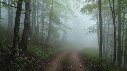Foggy forest path. A dirt road winds through a misty forest. The trees are tall and the branches are thick. The leaves are a lush green.