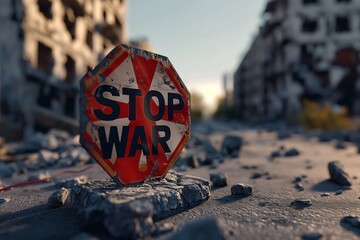 Stop War sign amidst post-war destruction