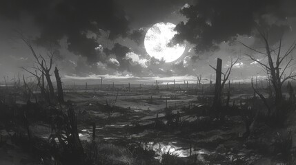 dark red field, full moon, dark sky, dead trees, dirt road, black clouds, black and white, night time, realism, in the style of fantasy art