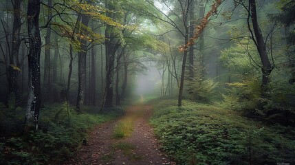 The image is a beautiful landscape photograph of a foggy forest path. The path is surrounded by tall trees and a lush understory of ferns and moss.