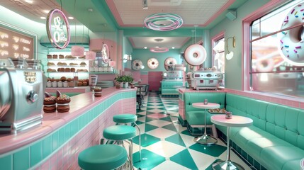 Retro diner with vintage pink and turquoise tiles, neon signs, glossy donuts arrayed artistically,...