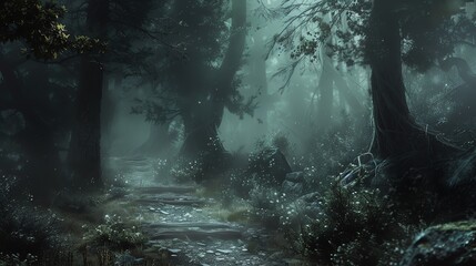The dark and mysterious forest path leads you deeper into the unknown. The trees are tall and the branches are thick, blocking out the sunlight. - Powered by Adobe