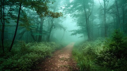 Fototapeta premium The image is a beautiful landscape photograph of a foggy forest. The path leading into the forest is surrounded by tall trees and lush greenery.