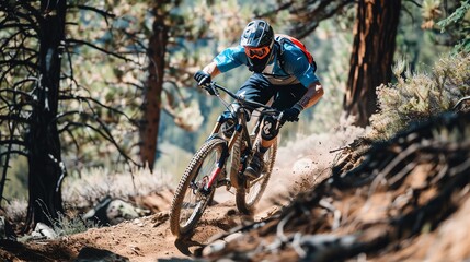 A young man rides his mountain bike through a forest. He is wearing protective gear and a helmet. The bike is in mid-air.