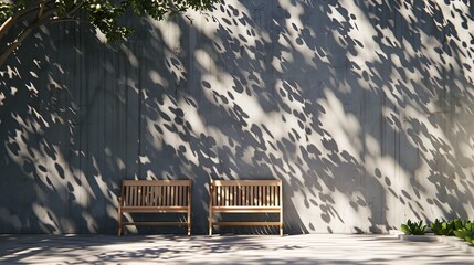 Realistic shadows from trees cast beside wooden chairs, capturing the calming interplay of light in urban green spaces, studio-lit
