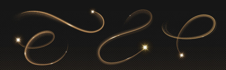 Gold star with magic curve trail on transparent background. Realistic vector illustration set of bright glowing twinkle with flare tail and sparkles. Motion of falling and shooting fairy meteor. © klyaksun