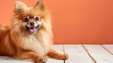 Happy Pomeranian dog isolated on peach color background, portrait photography.