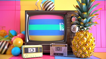 Pineapple and cassette tapes on a retro TV set, vibrant structured patterns, lively, nostalgic broadcast theme