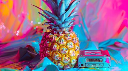 Pineapple and retro cassette fusion, colorful structured patterns, pop art style, lively and...