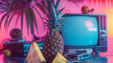 Pineapple and cassette tapes on a retro TV set, vibrant structured patterns, lively, nostalgic broadcast theme