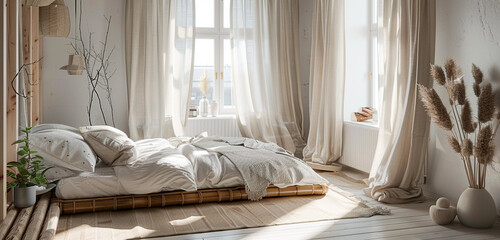 Airy and light Scandinavian loft bedroom with a focus on natural materials, featuring a bamboo bed...