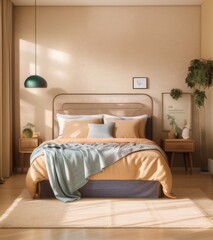 Modern Bedroom Interior With Beige Walls, Bed And Nightstand. Interior Mockup In A Light Brown Color