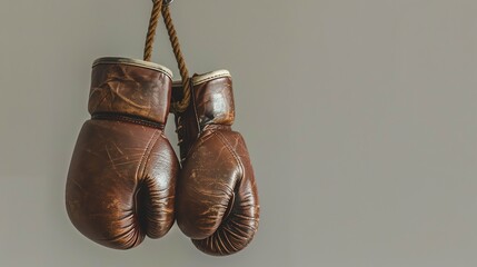 A pair of vintage brown leather boxing gloves hang from a rope against a beige background.