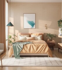 Modern Bedroom Interior With Beige Walls, Bed And Nightstand. Interior Mockup In A Light Brown Color
