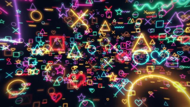ポップでカラフルなネオンのように光る記号のアブストラクト　ループ　ゆっくり横回転