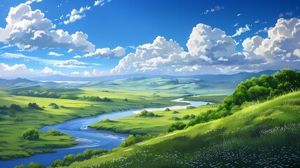 A serene countryside scene with rolling hills and a winding river under a vast blue sky.