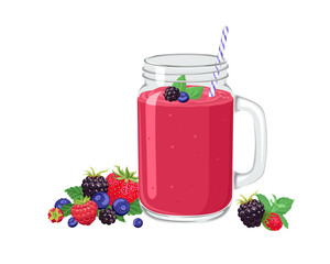 Berry smoothie in mason jar glass with straw isolated on white background. Red fruit shake. Vector cartoon illustration.