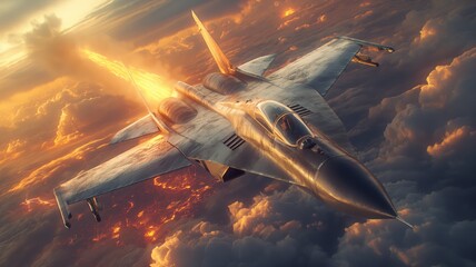 Supersonic jet cruising at sunset