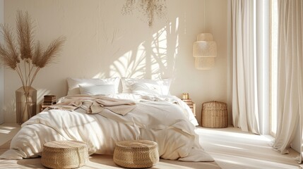 Boho minimal bedroom interior style with Home decoration mock up. 