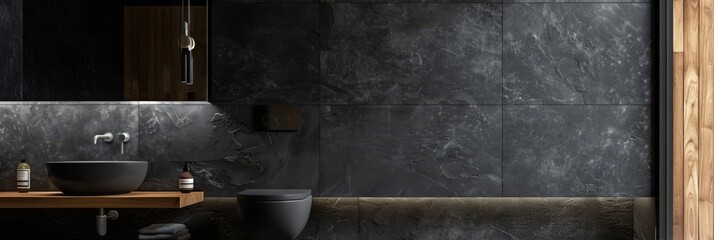 small bathroom designed in a minimalist black style. The interior features natural stone textures, a clear wet and dry separation, a smart toilet, and a solid wood bathroom cabinet
