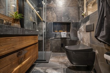 small bathroom designed in a minimalist black style. The interior features natural stone textures, a clear wet and dry separation, a smart toilet, and a solid wood bathroom cabinet
