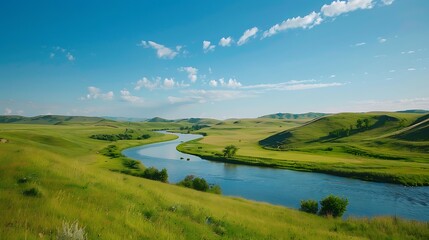 Fototapeta na wymiar A serene countryside scene with rolling hills and a winding river under a vast blue sky.