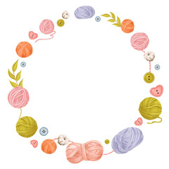 circular watercolor frame perfect for crafting blogs, knitting tutorials, or DIY-themed designs. This illustration with colorful yarn skeins buttons threads, cotton flowers, and greenery branches