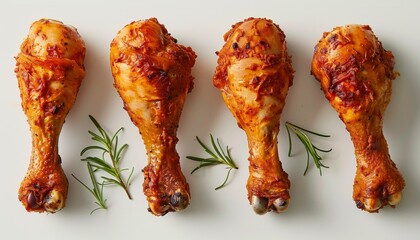 Four grilled chicken drumsticks with rosemary on a white backgroun