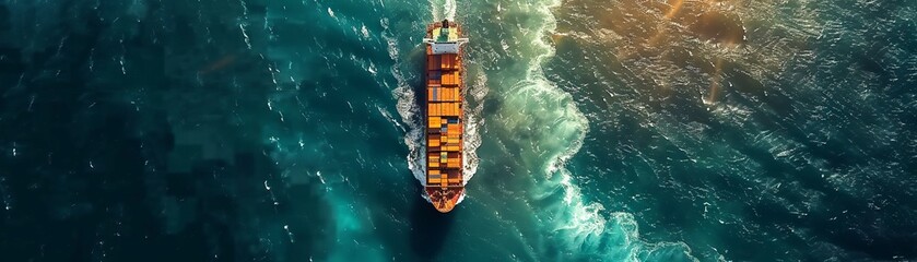 From above, a drone captures the beauty and complexity of a container ship as it sails through the open sea, carrying goods and materials vital to the global economy 8K , high-resolution, ultra HD,up3