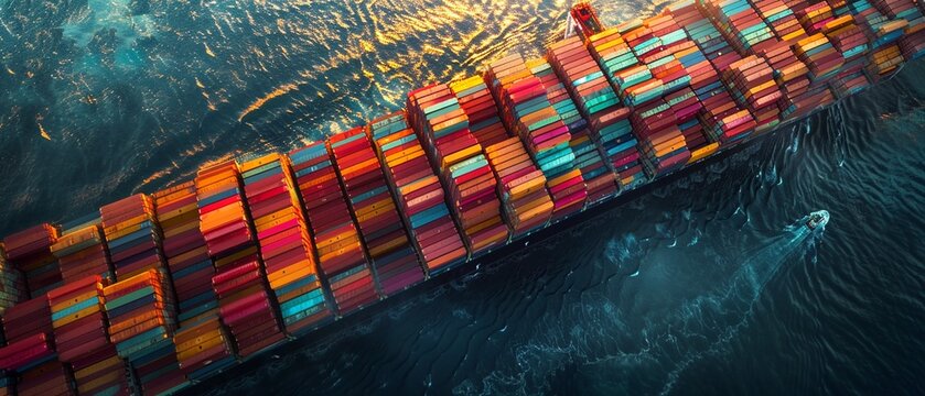 An aerial perspective of a container ship laden with cargo containers, illustrating the intricate network of trade and commerce that spans the globe 8K , high-resolution, ultra HD,up32K HD