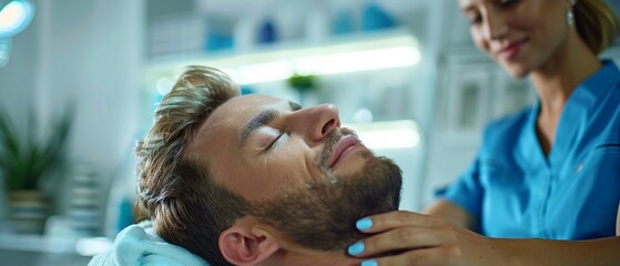 A physiotherapy session in a modern clinic, with an expert therapist gently adjusting the neck of a patient, focusing on precise and effective treatment 8K , high-resolution, ultra HD,up32K HD