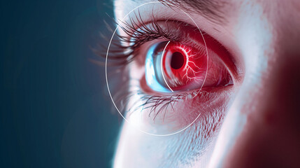 Close-up of an eye with red illumination, representing vision issues. Concept: Eye Health.
