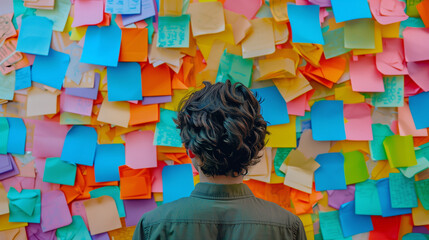 back view of man looking at colorful sticky notes on wall