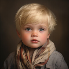 Close-up portrait of cute blond boy looking at camera indoors